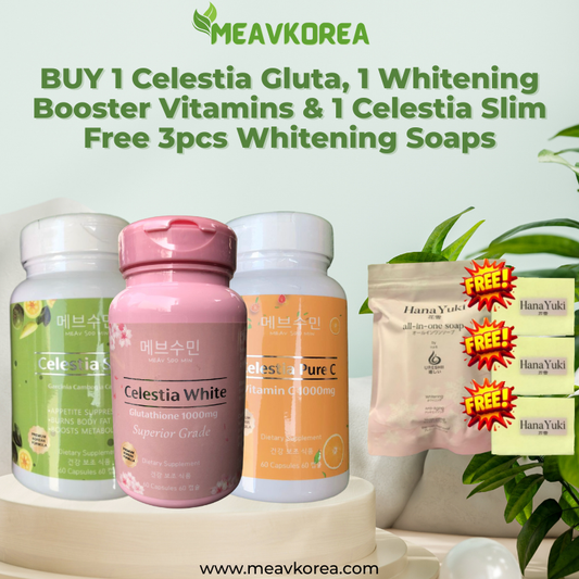 BUY 1 Celestia Gluta, 1 Whitening Booster Vitamins & 1 Celestia Slim Free 3pcs Whitening Soaps