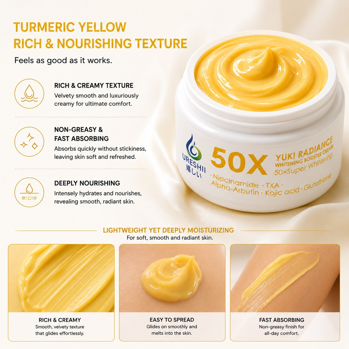 Yuki Radiance skincare product with text highlighting features on a light background
