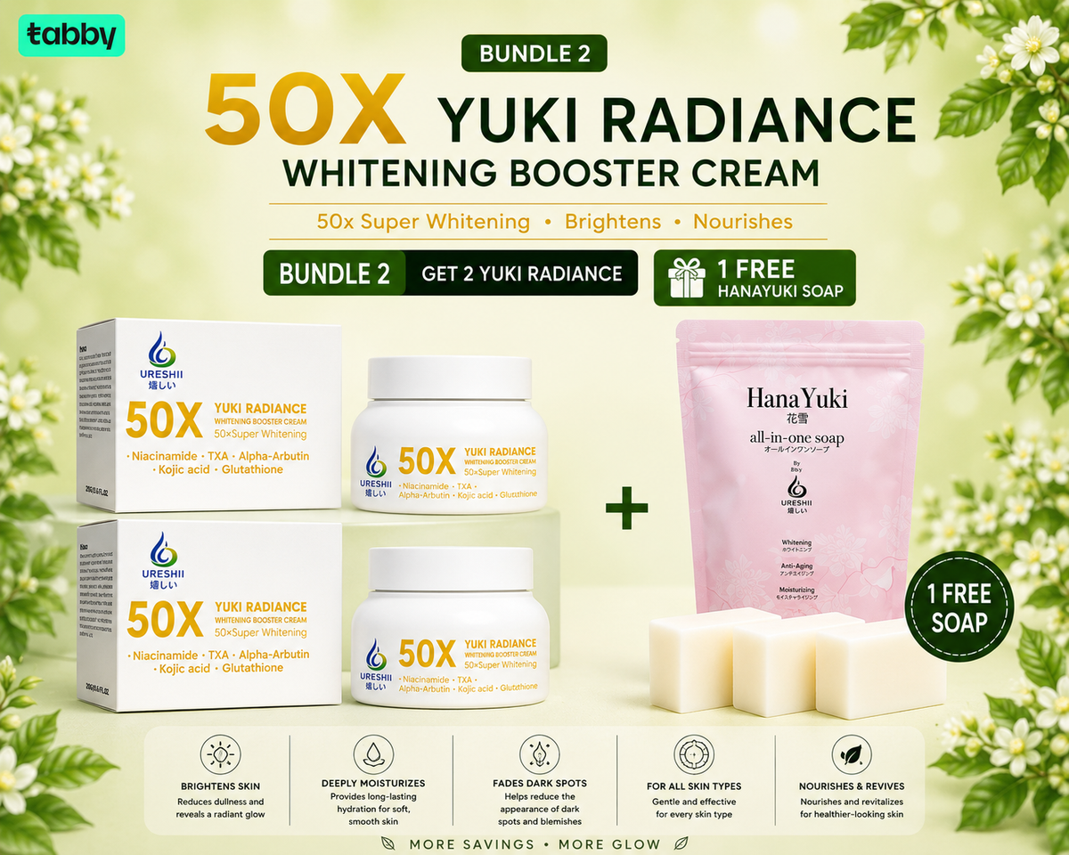 Yuki Radiance Whitening Booster Cream bundle with free soap on a green floral background