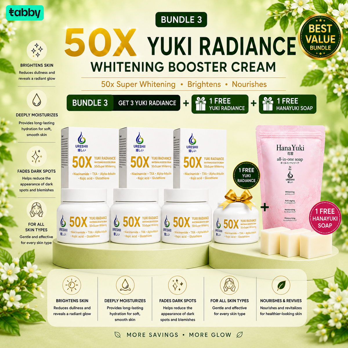 Promotional image of 50X Yuki Radiance Whitening Booster Cream bundle with additional free items on a green background.