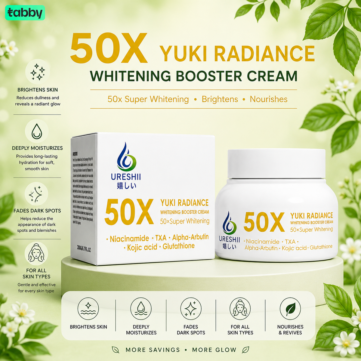 50X Yuki Radiance Whitening Booster Cream packaging with box on a green background